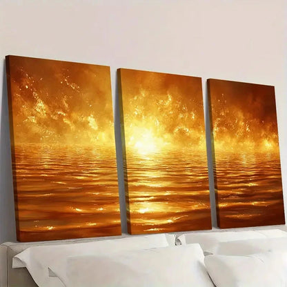3pcs Golden Ripples Abstract Lake a  Wall Art Set Canvas Framed 50x70cm - High Quality Print 100% Australian Made Wall Canvas Ready to Hang - Bella Home Decor