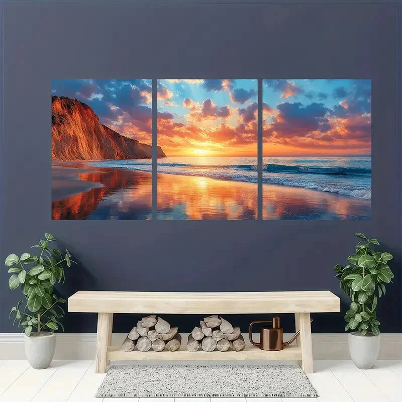 3pcs Scenic Beach Waves & Cliffs Reflections Metal Print Ready to Hang Art - Bella Home Decor