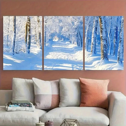 3pcs Snowy Winter Forest with Snow-Covered Trees Metal Print Ready to Hang Art