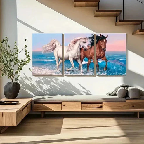 3pcs Seaside Scene with White and Brown Horses Wall Art Canvas Unframed - High Quality Print 100% Australian Made Wall Canvas
