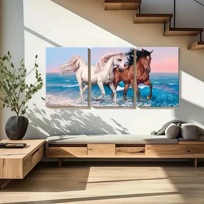 3pcs Seaside Scene with White and Brown Horses Wall Art Canvas Unframed - High Quality Print 100% Australian Made Wall Canvas