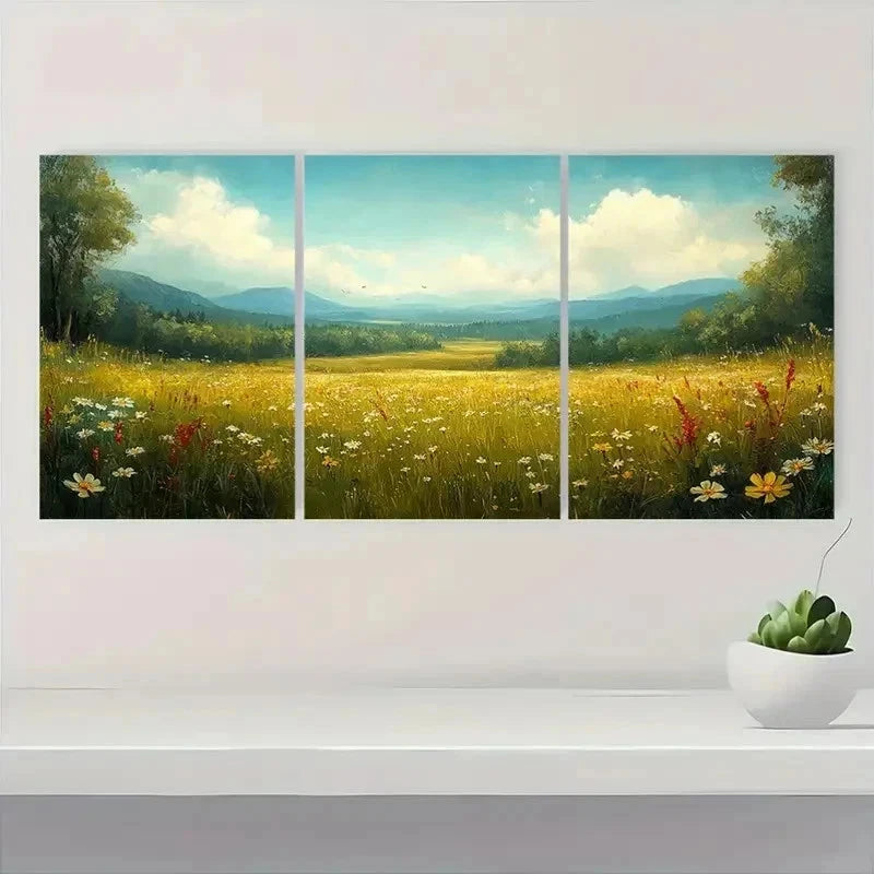 3pcs Spring Meadow Landscape Vintage Perfect Wall Art Set Canvas Framed 60x90cm - High Quality Print 100% Australian Made Wall Canvas Ready to Hang - Bella Home Decor