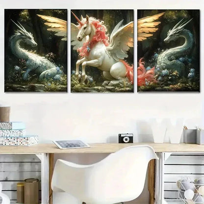 3pcs Unicorn with Wings and Dragons Perfect Wall Art Set Canvas Unframed - High Quality Print 100% Australian Made Wall Canvas