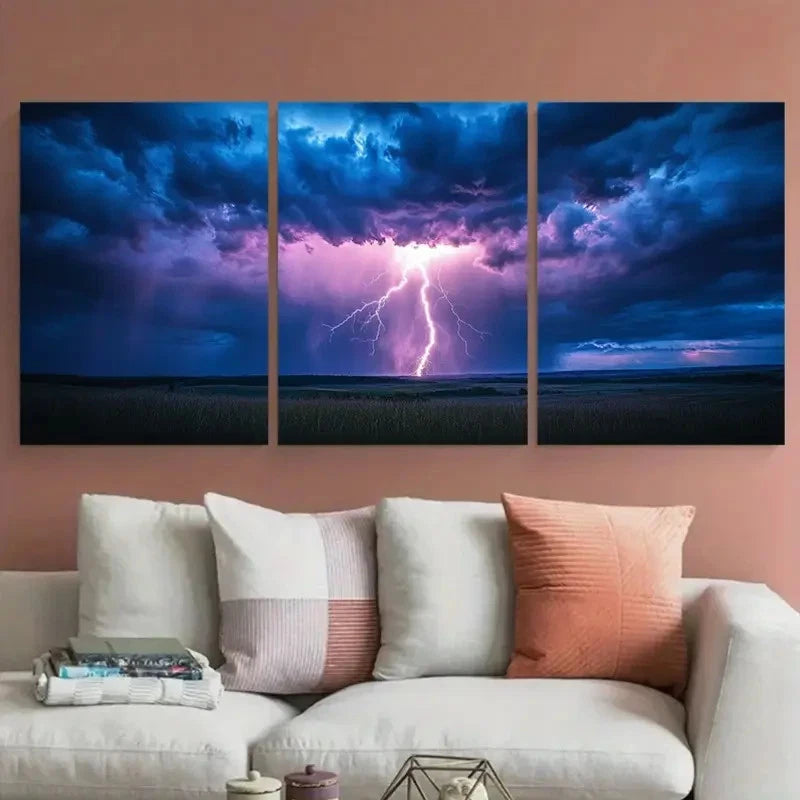 3pcs Thunderstorm with Dramatic Lightning Storm Metal Print Ready to Hang Art - Bella Home Decor
