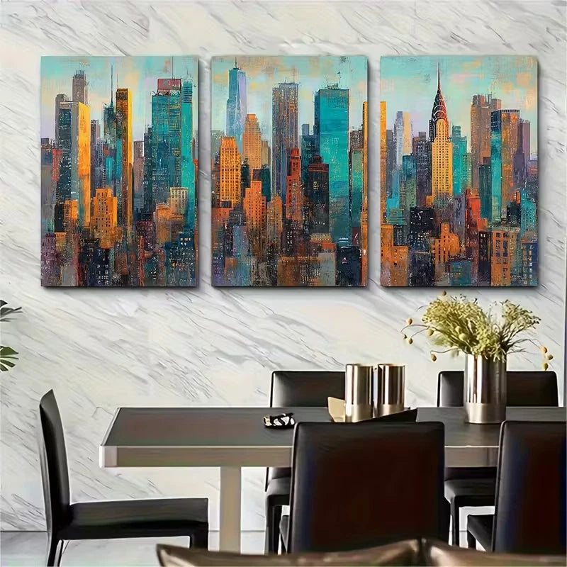 3pcs Manhattan Cityscape Paintings Metal Print Ready to Hang Art
