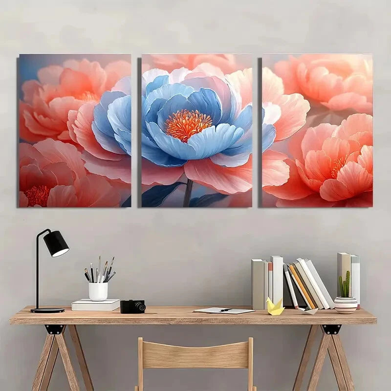3pcs Pink and Blue Peony Petals Flower Art Metal Print Ready to Hang Art - Bella Home Decor