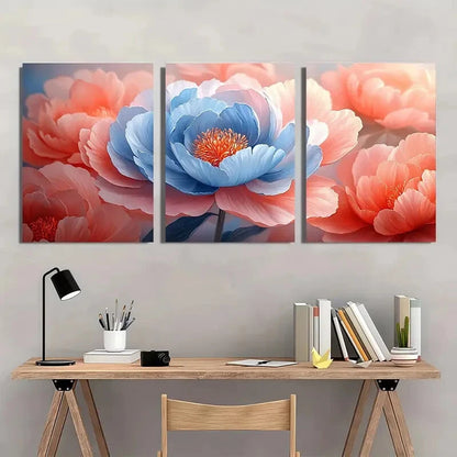 3pcs Pink and Blue Peony Petals Flower Art Metal Print Ready to Hang Art - Bella Home Decor