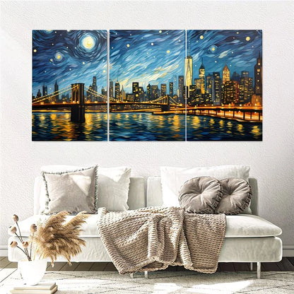 3pcs New York City Starry Night Skyline  Wall Art Set Canvas Framed 40x60cm - High Quality Print 100% Australian Made Wall Canvas Ready to Hang - Bella Home Decor