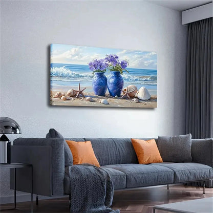 Beach Scene with Blue Vases Wall Art canvas office home room framed 120x60cm