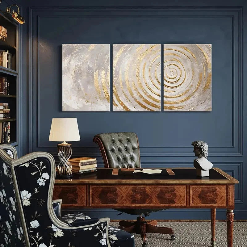 3pcs Abstract Art Golden Spirals Metallic Accents Metal Print Ready to Hang Art - Bella Home Decor
