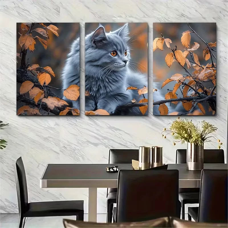 3pcs Fluffy Grey Cat Metal Print Ready to Hang Art - Bella Home Decor