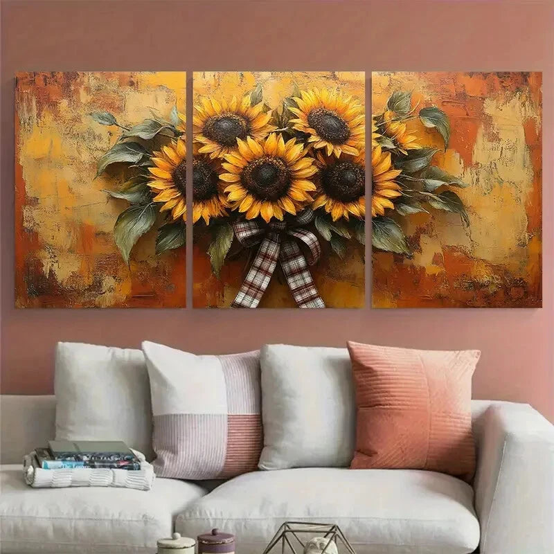 3pcs Floral Sunflower Bouquet Plaid Ribbon Metal Print Ready to Hang Art - Bella Home Decor