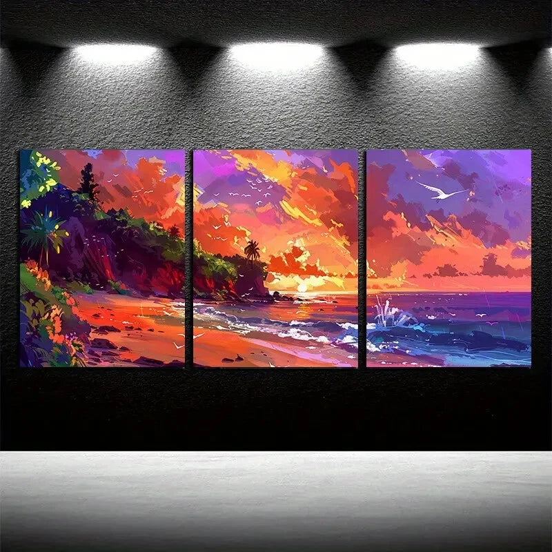 3pcs Vibrant Beach Sunset Scenery Metal Print Ready to Hang Art - Bella Home Decor