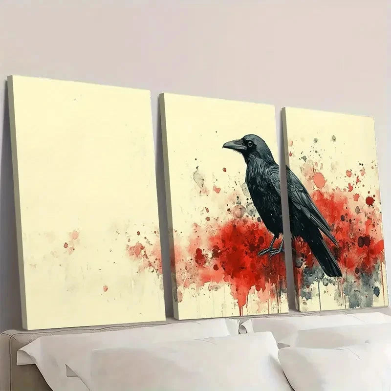 3pcs  Black Crow Art Print  E  Wall Art Set Canvas Framed 40x60cm - High Quality Print 100% Australian Made Wall Canvas Ready to Hang - Bella Home Decor