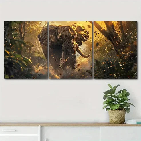 3pcs Majestic Elephant Golden Sunlight Perfect Wall Art Set Canvas Unframed - High Quality Print 100% Australian Made Wall Canvas