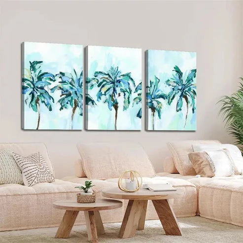 3pcs Blue Palm Tree and Tropical Scene  Wall Art Set Canvas Unframed - High Quality Print 100% Australian Made Wall Canvas - Bella Home Decor