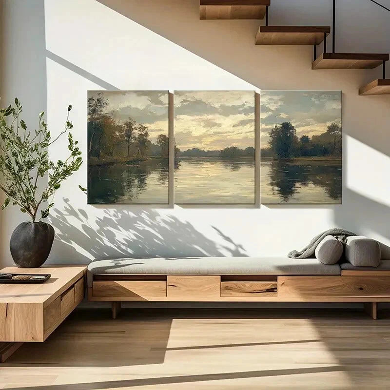 3pcs Landscape Painting Serene River Scenery Metal Print Ready to Hang Art - Bella Home Decor