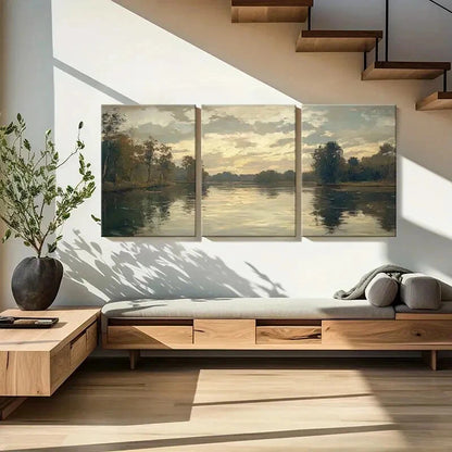 3pcs Landscape Painting Serene River Scenery Metal Print Ready to Hang Art - Bella Home Decor