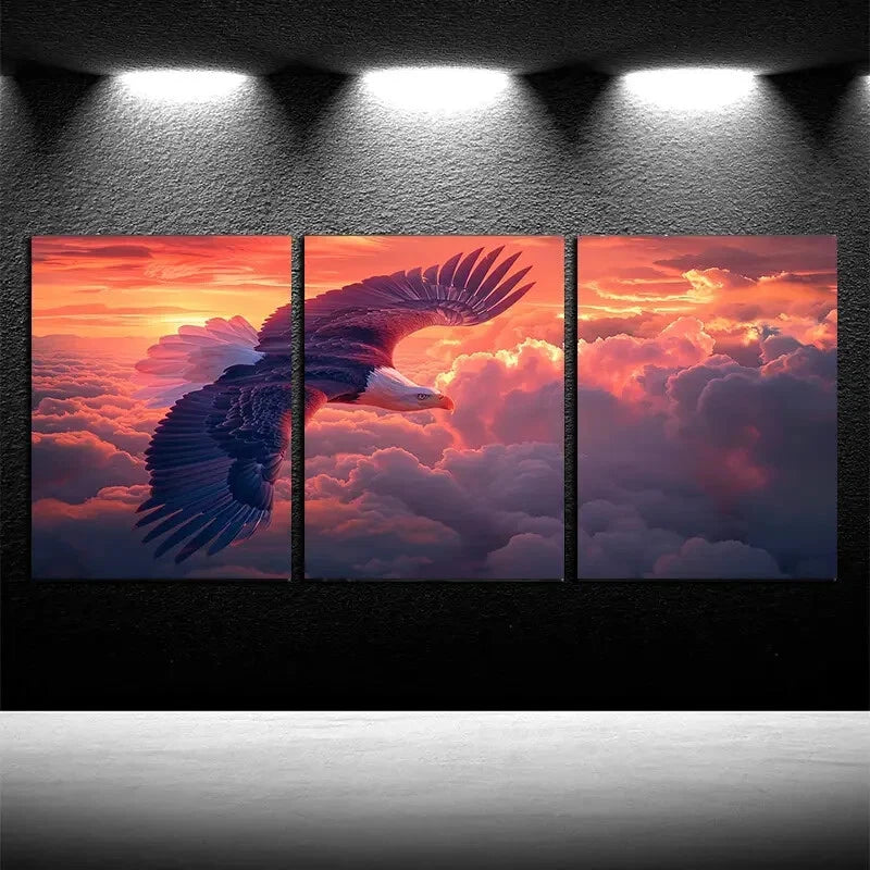 3pcs Eagles Soar in Amber Cumulus Clouds Metal Print Ready to Hang Art - Bella Home Decor