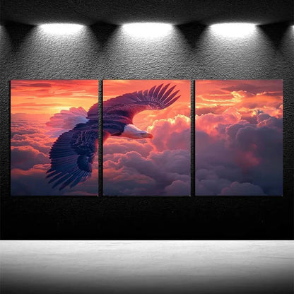 3pcs Eagles Soar in Amber Cumulus Clouds Metal Print Ready to Hang Art - Bella Home Decor
