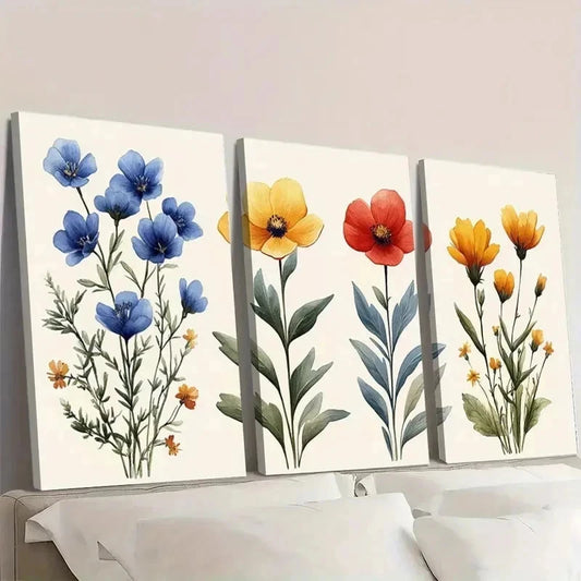 3pcs Wildflower Botanical Floral DT Wall Art Set Canvas Framed 40x60cm - High Quality Print 100% Australian Made Wall Canvas Ready to Hang