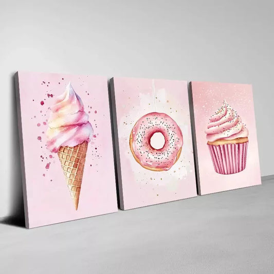 3pcs Delicious Funny Pink Donut Ice Cream Muffin Art Set Canvas Framed 50x70cm - High Quality Print 100% Australian Made Wall Canvas Ready to Hang