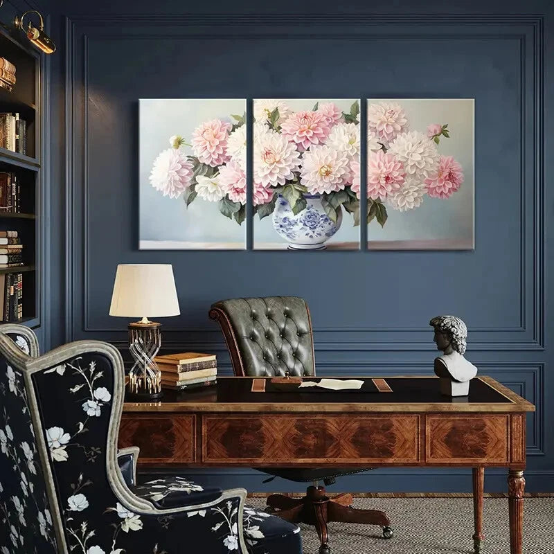 3pcs Floral Arrangement Blue And White Vase Metal Print Ready to Hang Art - Bella Home Decor