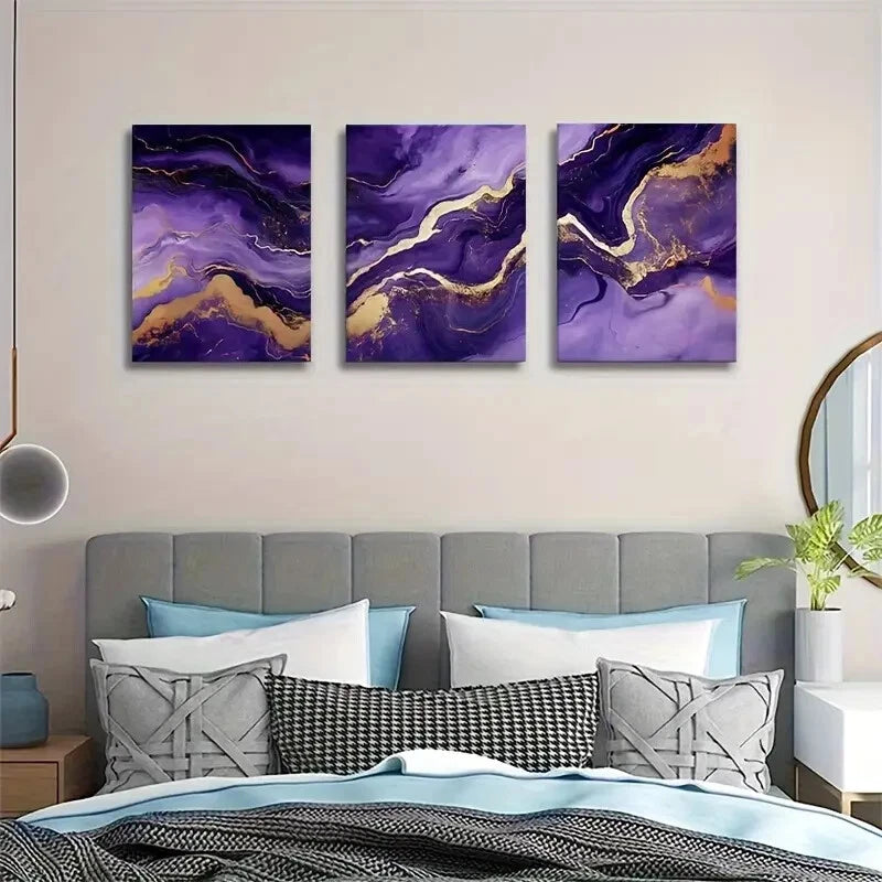 3pcs Elegant Purple & Golden Marble Metal Print Ready to Hang Art - Bella Home Decor