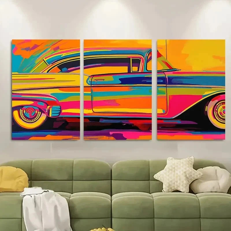 3pcs Andy Warhol-Inspired Vintage Car Metal Print Ready to Hang Art - Bella Home Decor