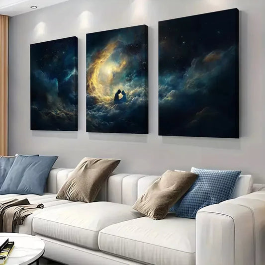 3pcs Romantic Lovers Clouds Dreamy Starry Night Art Set Canvas Framed 50x70cm - High Quality Print 100% Australian Made Wall Canvas Ready to Hang