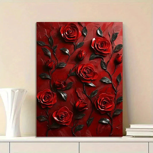 Red Roses on a Red Background Painting 40x60cm Metal Print Ready to Hang