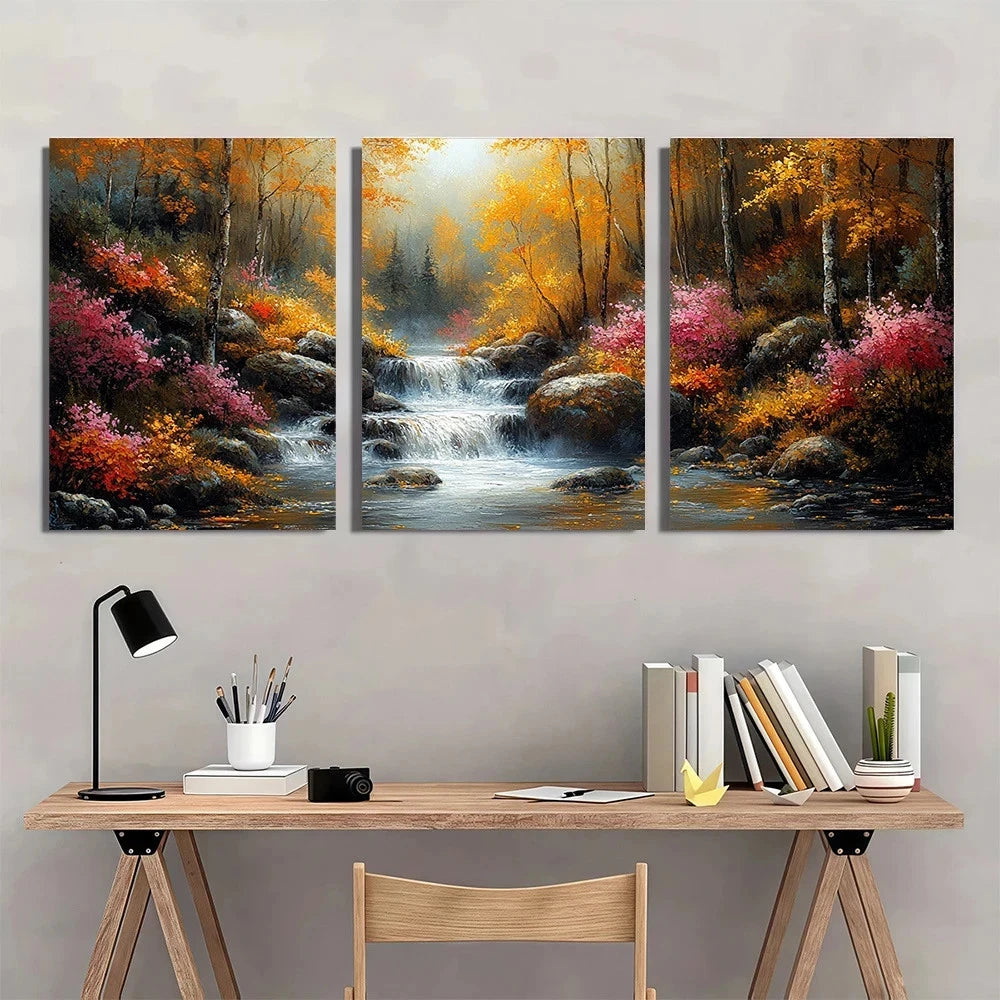 3pcs Autumn Forest Waterfall & Misty Mountains Wall Art Set Canvas Framed 40x60cm - High Quality Print 100% Australian Made Wall Canvas Ready to Hang - Bella Home Decor