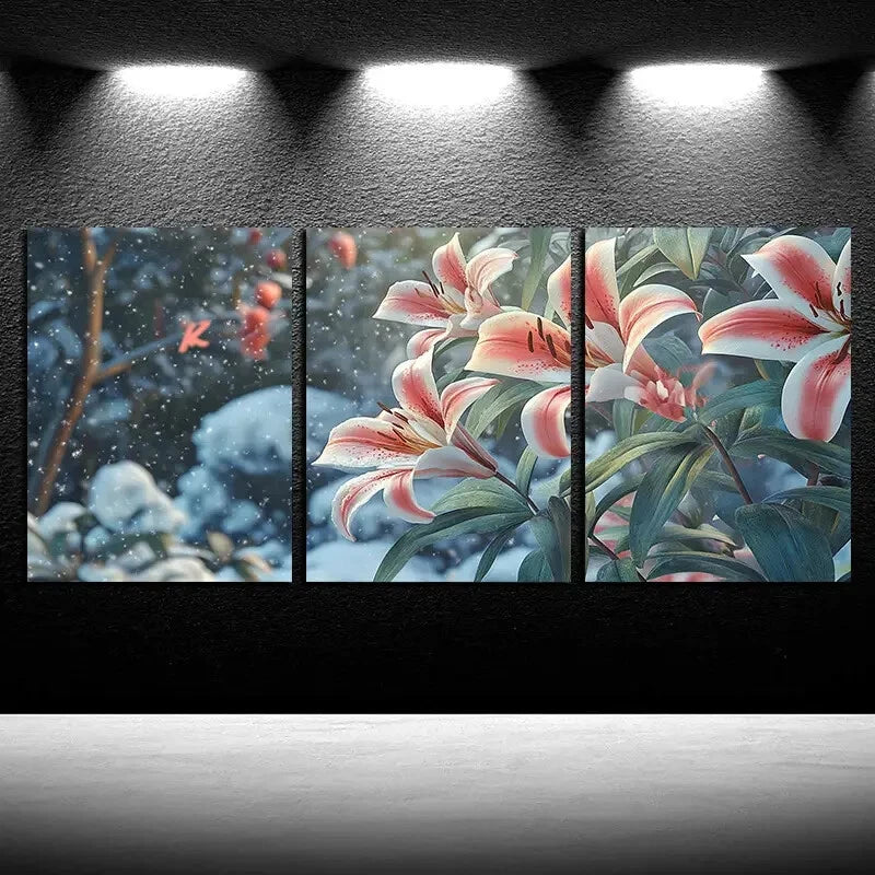 3pcs Charming Lily Flowers in Snow Design Metal Print Ready to Hang Art - Bella Home Decor