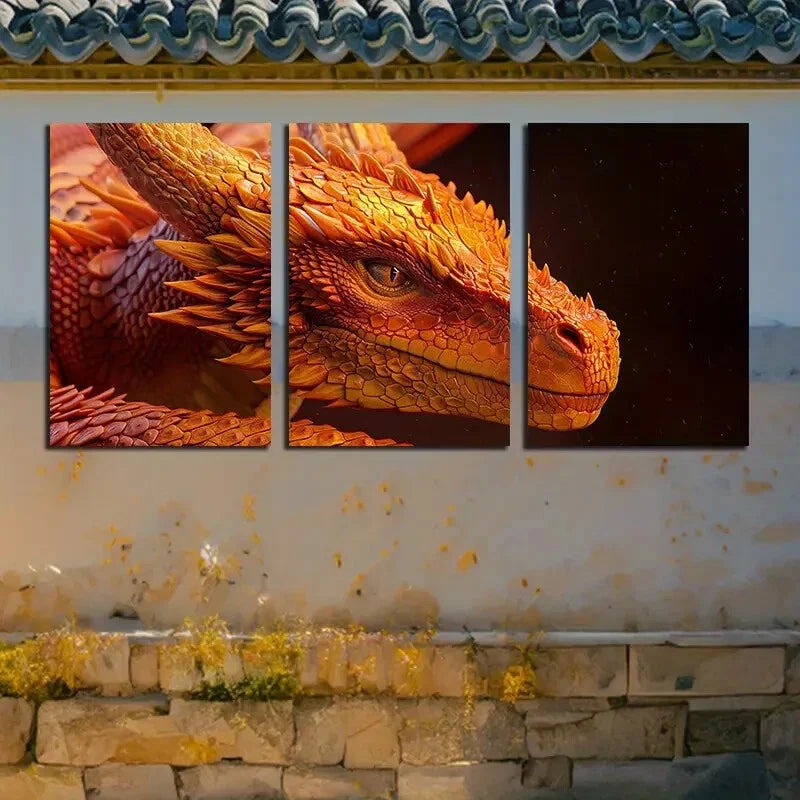 3pcs Vibrant Flame Dragon portrait Metal Print Ready to Hang Art - Bella Home Decor