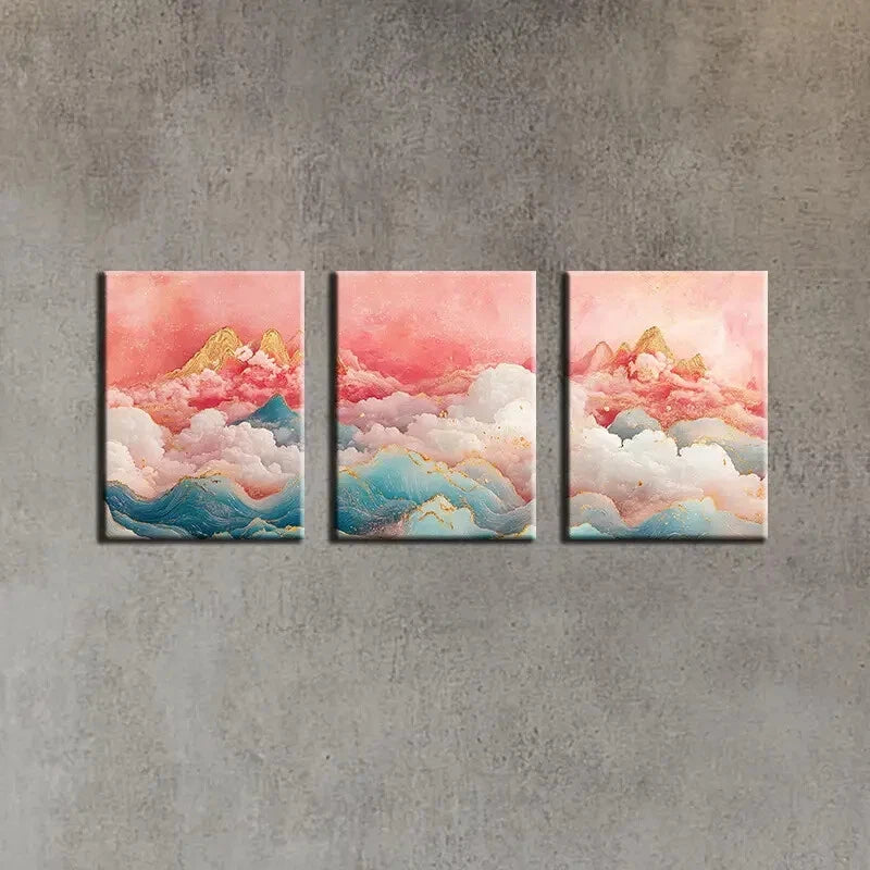 3pcs Pink and Blue Waves Painting Metal Print Ready to Hang Art