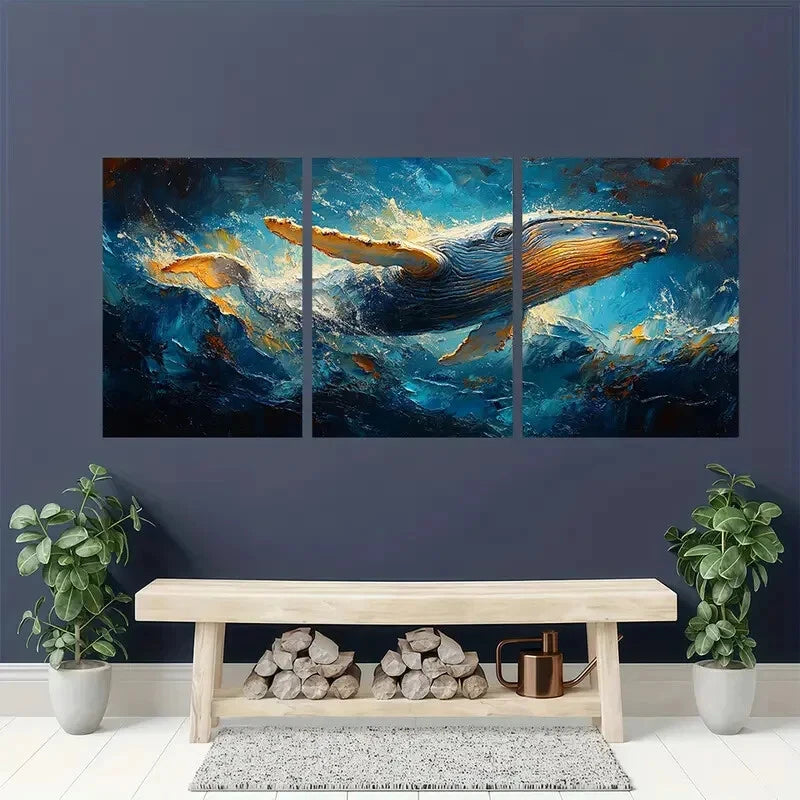 3pcs Whale Painting Breaching Humpback Whale Metal Print Ready to Hang Art - Bella Home Decor