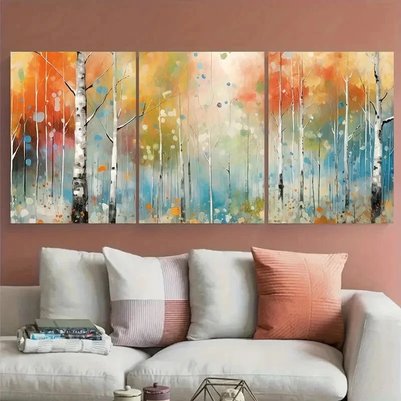 3pcs Autumn Forest Scandinavian Forest Birch Grove Metal Print Ready to Hang Art - Bella Home Decor