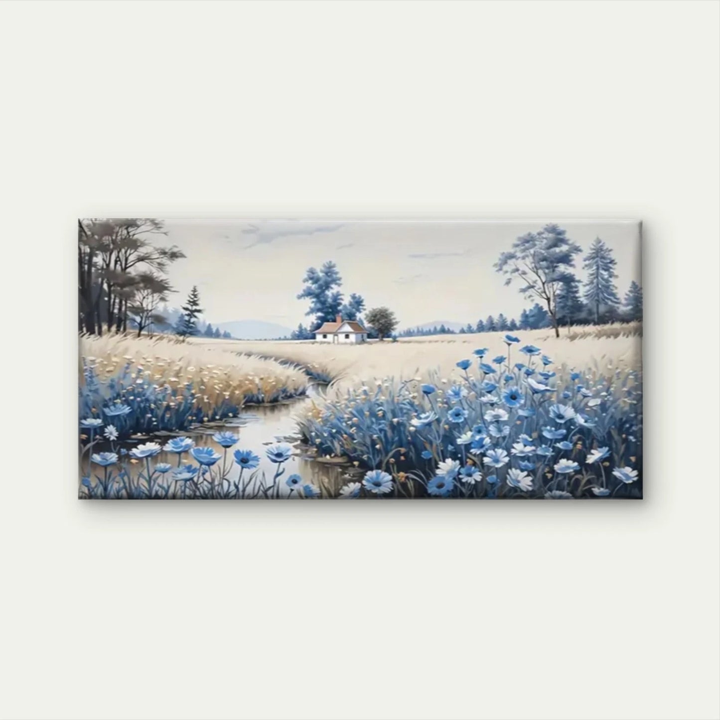 Blue Flowers White House Pine Wall Art Canvas Office Home Room Framed 120x60cm
