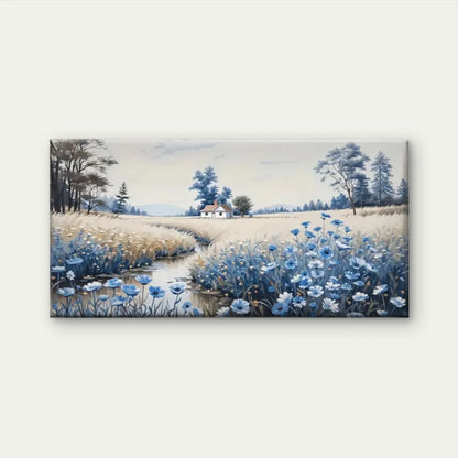 Blue Flowers White House Pine Wall Art Canvas Office Home Room Framed 120x60cm