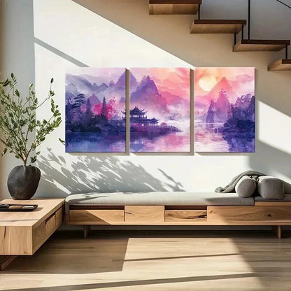 3pcs Vintage Sunrise Chinese Landscape Wall Art Set Canvas Framed 40x60cm - High Quality Print 100% Australian Made Wall Canvas Ready to Hang