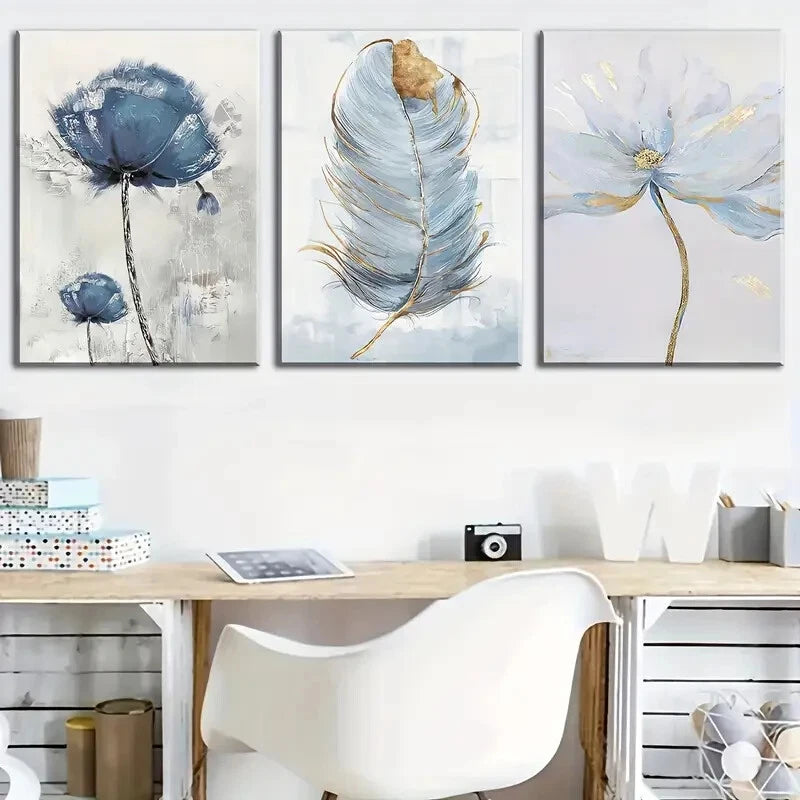 3pcs Modern Floral & Feather Décor Perfect Wall Art Set Canvas Framed 40x60cm - High Quality Print 100% Australian Made Wall Canvas Ready to Hang - Bella Home Decor