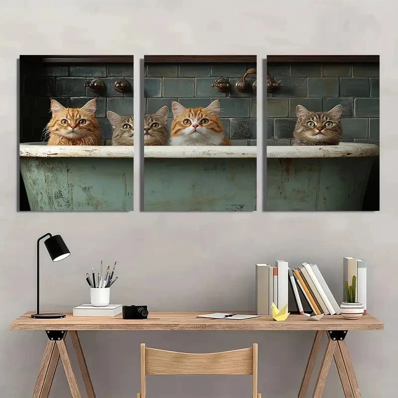 3pcs Playful Cat Vintage Painting Wall Art Set Canvas Framed 60x90cm - High Quality Print 100% Australian Made Wall Canvas Ready to Hang