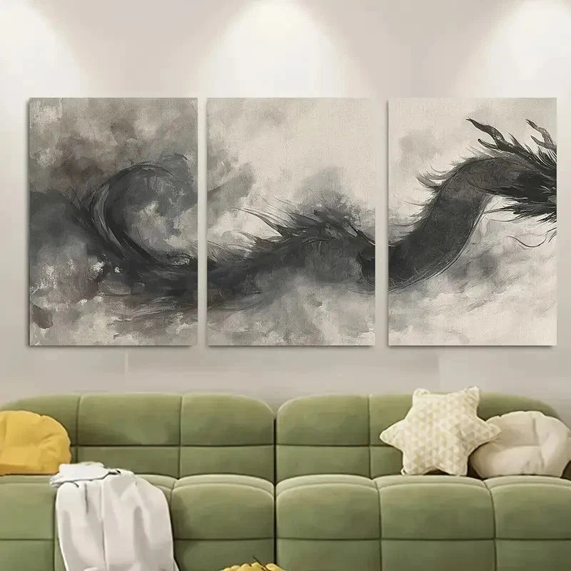 3pcs Realistic Dragon Design with Golden Accents Metal Print Ready to Hang Art