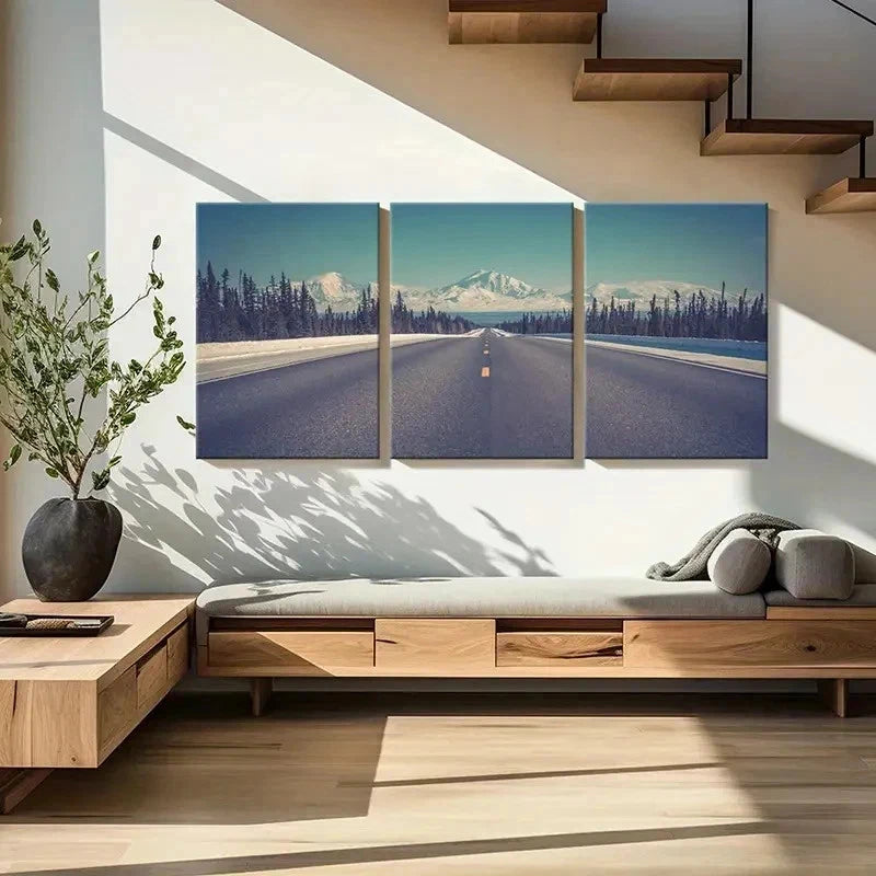 3pcs Snowy Mountains Road and Trees Wall Art Set Canvas Framed 60x90cm - High Quality Print 100% Australian Made Wall Canvas Ready to Hang - Bella Home Decor