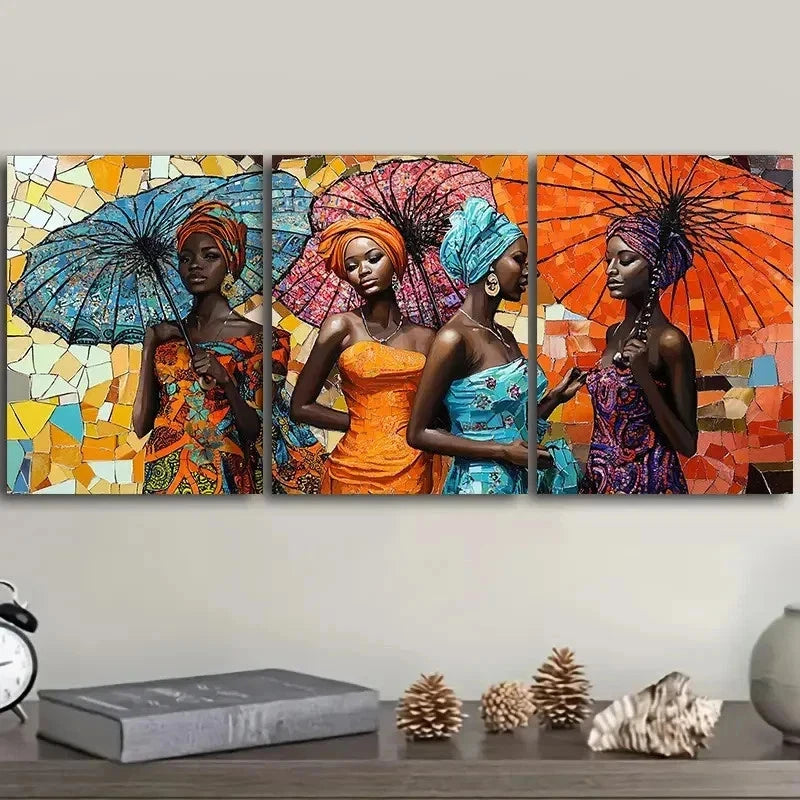 3pcs Three Beautiful African Women Wall Art Set Canvas Framed 50x70cm - High Quality Print 100% Australian Made Wall Canvas Ready to Hang