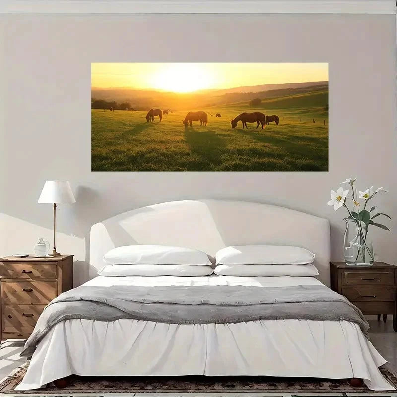 Golden Sunset Horse Pasture Wall Art Canvas Office Home Room Framed 120x60cm