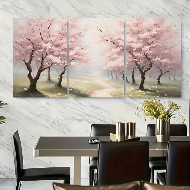 3pcs Vibrant Pink Sakura Trees in Full Bloom Metal Print Ready to Hang Art