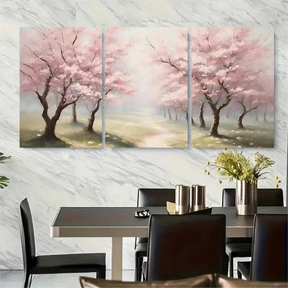 3pcs Vibrant Pink Sakura Trees in Full Bloom Metal Print Ready to Hang Art