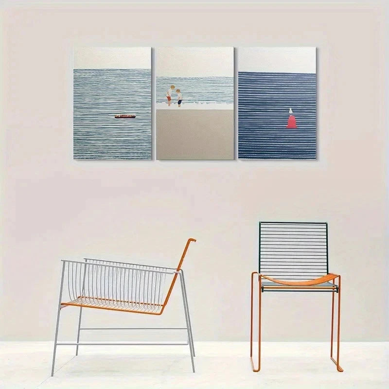 3pcs Beach Scene Boat Seagull and Ocean View Metal Print Ready to Hang Art - Bella Home Decor
