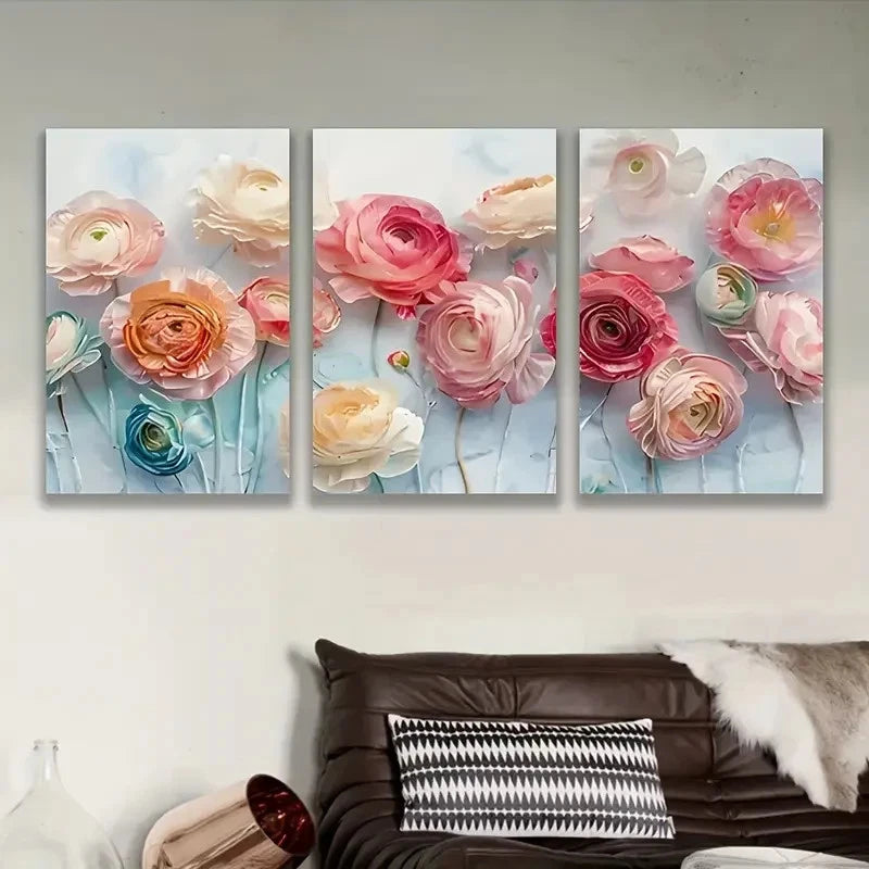 3pcs Pastel Ranunculus Floral Wall Art Set Canvas Framed 60x90cm - High Quality Print 100% Australian Made Wall Canvas Ready to Hang